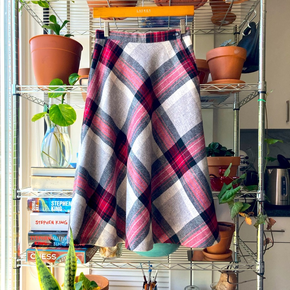 ❤️ Red Grey Plaid Argyle Wool Midi Circle Skirt